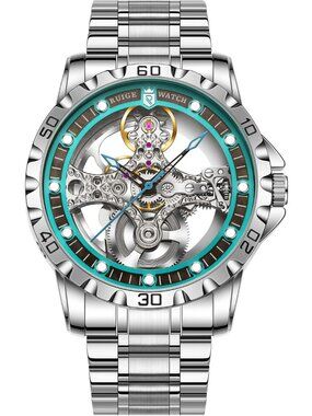 Men's Teal Skeleton Automatic Mechanical Stainless Steel Bracelet Wrist Watch